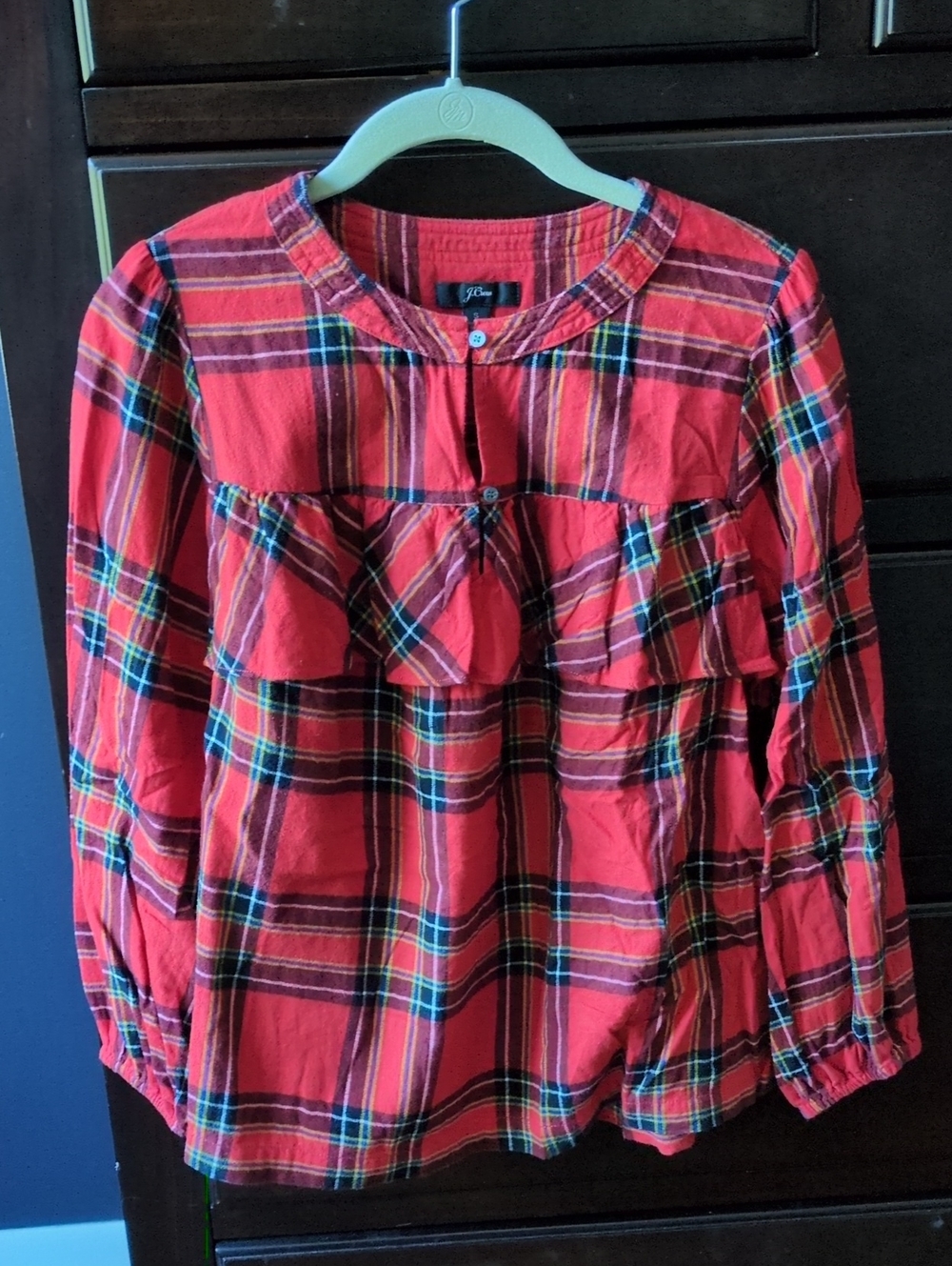 J. Crew Flannel Red Plaid Ruffle-Front Top